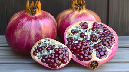 Juicy Pomegranates on Wooden Table, Red Seeds, Healthy Fruit, Still Life