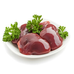 Raw chicken livers, isolated on white background. 

