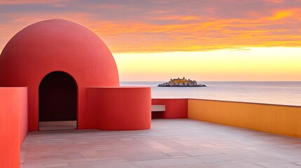 Sunset Ocean View from Modern Red Architecture