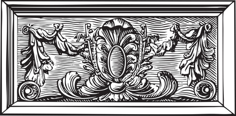 decorative ornate frame showcases a central floral emblem with flanking figures.