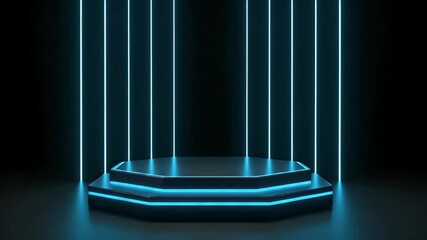 Dark, futuristic display podium with vibrant blue neon accents - Powered by Adobe