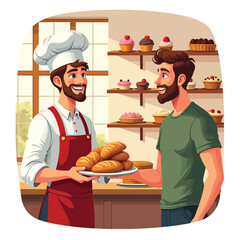 Bakery shop fresh bread and pastries baker serving customer small business local bakery illustration
