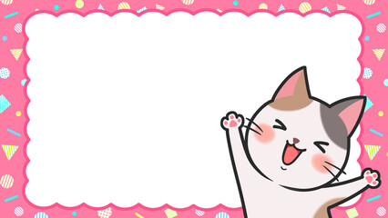 猫のフレーム背景　枠　16:9  素材　三毛猫　キャラ　デフォルメ　楽しい　おしゃれ　見出し　タイトル　Cute cat frame background.Copy space.calico cat