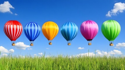 Five Colorful Hot Air Balloons Over Green Field