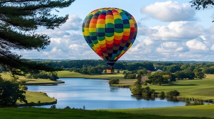 Colorful Hot Air Balloon Over Scenic Lake and Green Fields