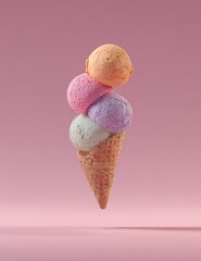 Three pastel ice cream scoops (peach, pink, lavender) precariously balanced atop a waffle cone, floating against a soft pink background