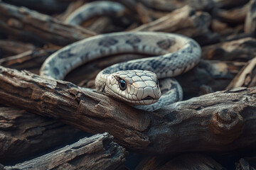 Obraz premium A snake slithering through piles of fallen wood