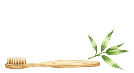 A painted composition displays wooden toothbrush lying beside verdant sprig against plain, stark white backdrop.copy space