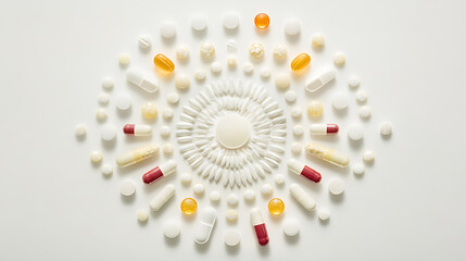 Circular Arrangement of Various Pills and Capsules on a White Background