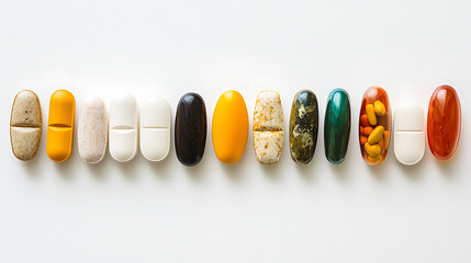 Assorted Medications and Supplements Arranged in a Row