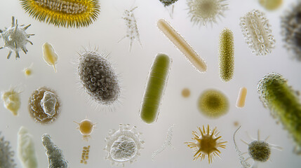 Microscopic View of Diverse Microorganisms and Bacteria