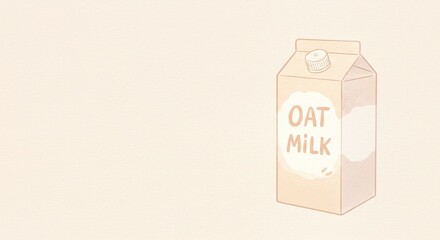 On a soft, textured background, carton of oat milk with simple illustration-style design sits, its label prominently displaying the beverage's name.
