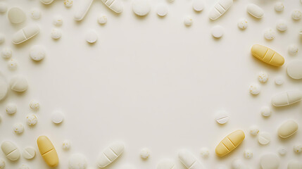Assorted Pills and Capsules Arranged in a Circular Frame on a White Background