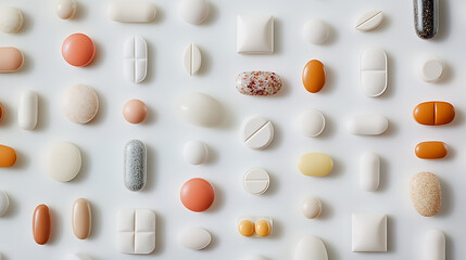 Assorted Medications Arranged in a Grid Pattern on a White Background