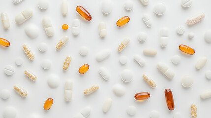 Assorted Medications and Supplements Spread on a White Background