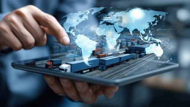 Global Logistics in Hand: A digital representation of the world map and freight trains, displayed on a tablet held in hand.