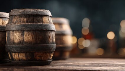 Three small, aged wooden barrels sit on a dark wood surface against a blurred background of amber lights and smoky haze, suggesting a distillery or bar setting