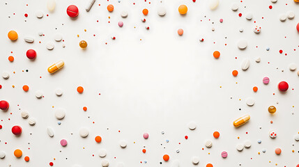 Colorful pills and capsules arranged in a circular pattern on a white background