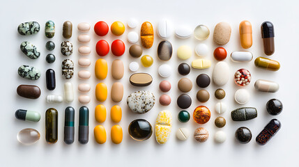 Array of Colorful Medications and Supplements Arranged in Rows
