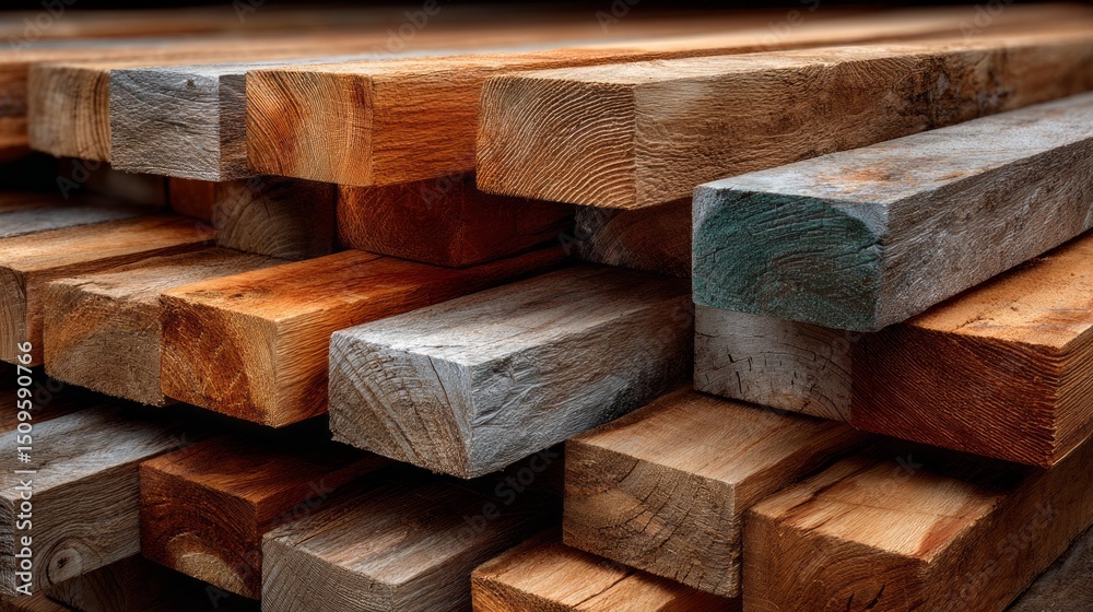 Poster lumber is neatly stacked, revealing various wood hues and textures. the light enhances the rustic ap