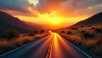 Golden hour light bathes a winding road stretching towards a vibrant sunrise, casting long shadows across the landscape Perfect for travel, adventure, and nature themes , clouds, scenic, journey