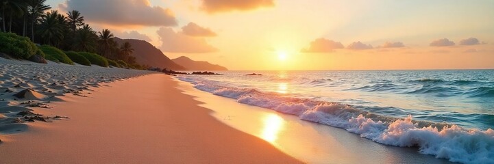 Obraz premium Serene coastal beach scene at sunrise, with soft sand, gentle waves lapping the shore, and a tranquil atmosphere Perfect for travel, vacation, or nature-themed projects , sky, shore