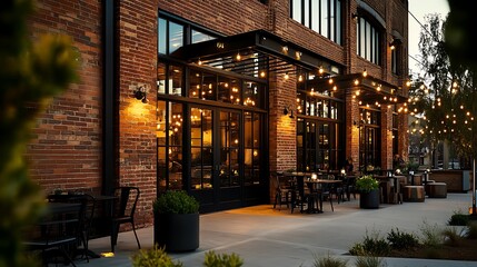 Fototapeta premium Outdoor Seating at Dusk with String Lights and Brick Building
