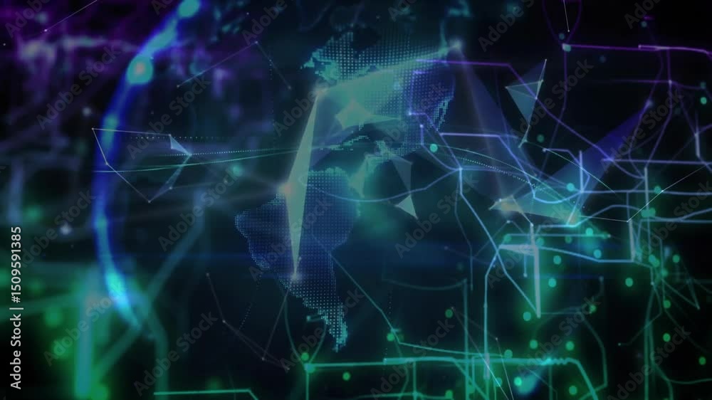 Poster facets drifting into view, connecting lines forming rotating wireframe globe showing data flow