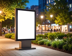 Illuminated blank billboard stands on a city sidewalk at dusk ready for advertising (1)