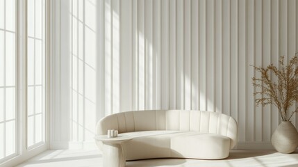 Fototapeta premium Pristine, sun-drenched room with a modern couch.