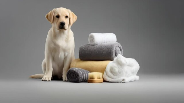 Golden labrador puppy sitting attentively next to a stack of soft clean folded towels in white, gray, and yellow