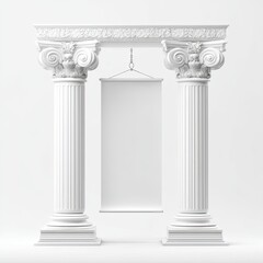 Two classical white columns flanking a blank vertical banner, against a white background