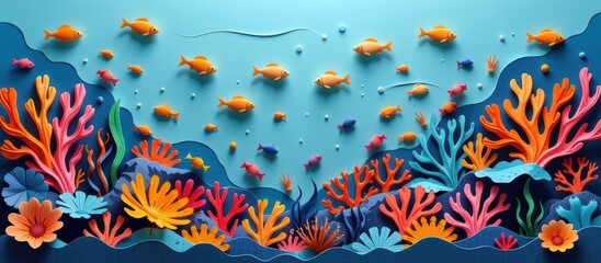 Colorful underwater scene with fish and coral reef design.
