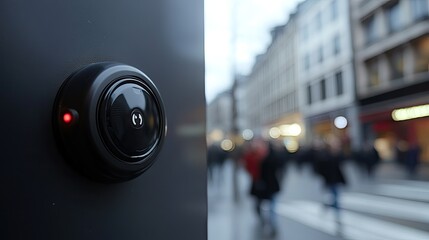 Fototapeta premium Close-up of a modern security camera on a dark exterior wall.