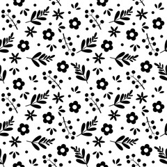 Seamless Black and White Floral Pattern Vector – Hand Drawn Botanical Design 