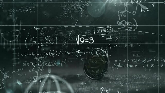Coin entering frame and spinning on tabletop while grid and math formulas emerging showing science