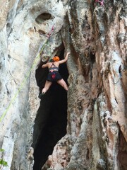 young man climbing a tree Female athlete top rope rock climbing at Railay Beach, Ao Nang, Krabi...
