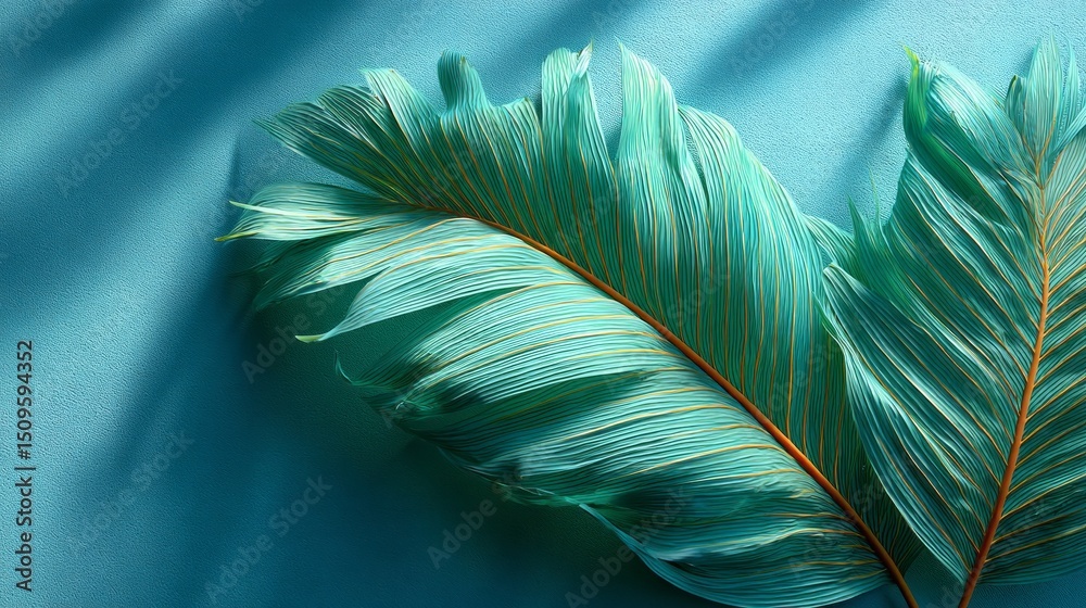 Poster a vibrant turquoise surface supports two large green leaves, showcasing intricate details and textur