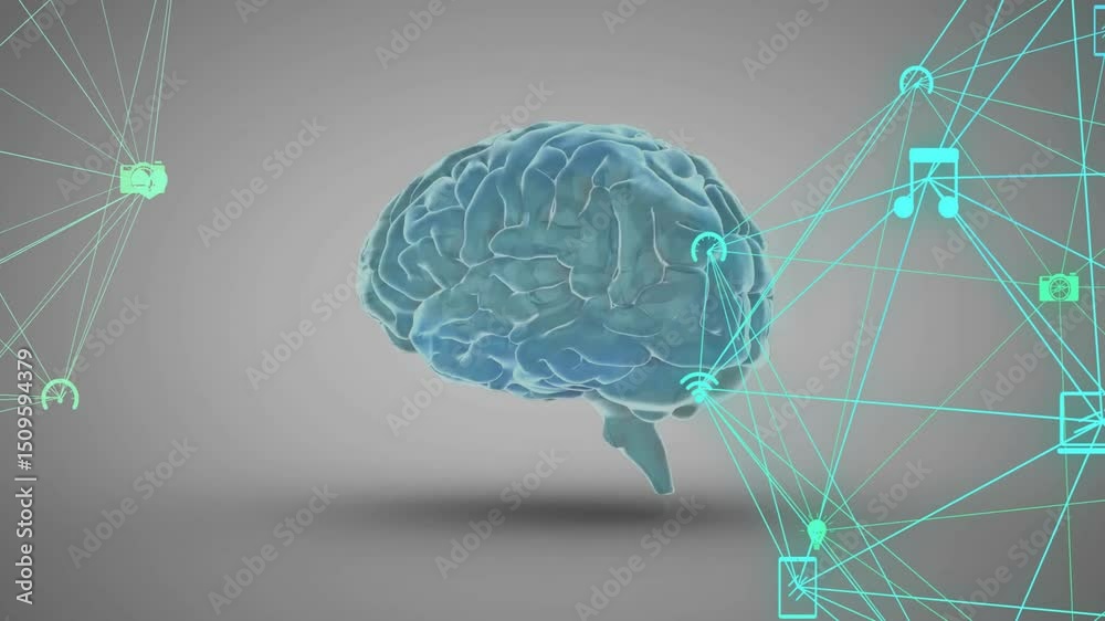Poster on start 3d brain rotating while network lines pulsing, icons sliding visualizing data integration