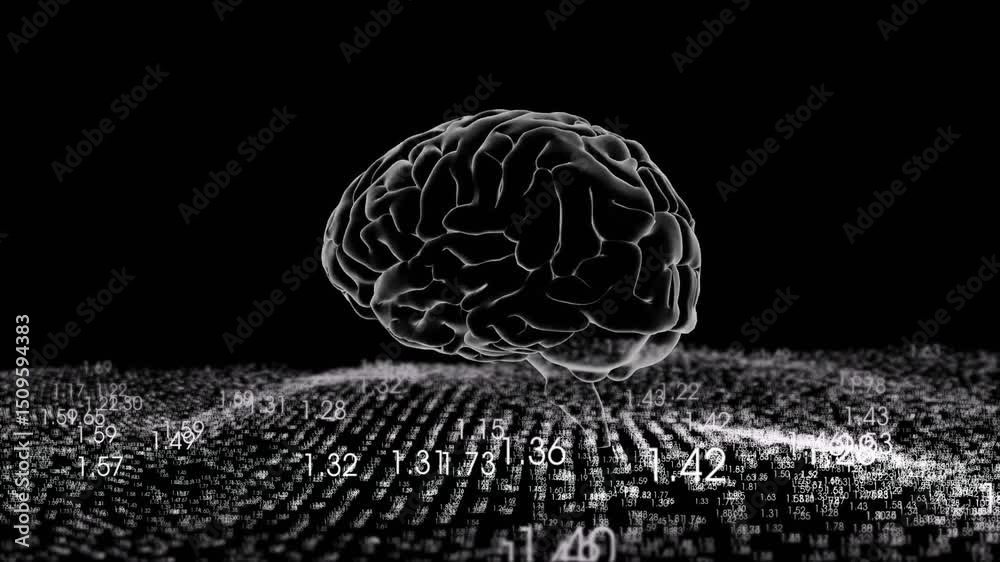 Poster at start, translucent 3d brain model rotating over pulsing numeric grid, illustrating data flow