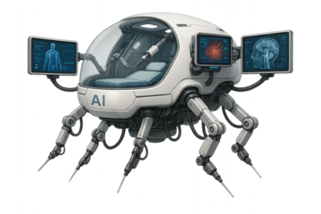 A futuristic autonomous surgical pod with hovering capabilities, mechanical arms, and a multi-screen display. Designed as a conceptual robotic surgery station for next-gen hospitals.