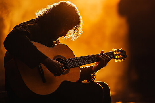 A flamenco guitarist sitting and playing passionately silhouette