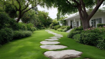A gentle stone path winds through a beautifully manicured lawn, leading to a charming country house. Lush plants and trees provide a tranquil atmosphere on a sunny day