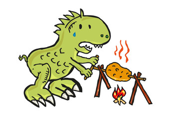 Dinosaur cooks a Barbecue doodle artwork. Editable Clip Art