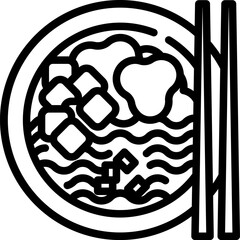 Bowl of ramen with tofu and chopsticks sits on a table, ready to be eaten, representing a delicious and comforting meal in a minimalist style.