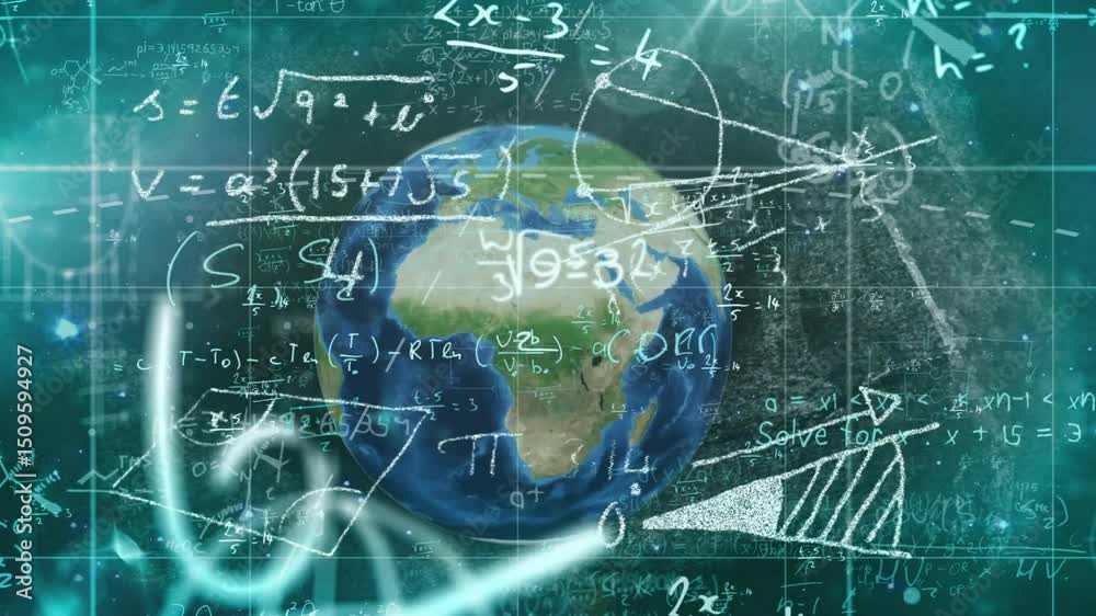 Poster teal grid filling frame starting globe emerging and rotating as equations swirling visualizing data