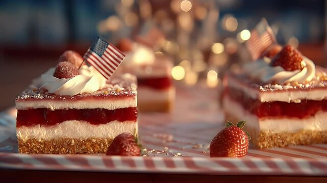 Patriotic strawberry dessert layered cake with cream and flag