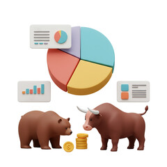 3D Illustration Bull and Bear with Financial Charts Representing Stock Market Trends