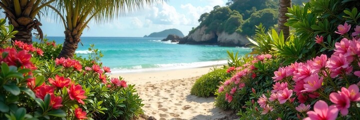Serene coastal garden overflowing with vibrant blooms, lush greenery, and sandy beach in the background Perfect for relaxation and tranquility themes A peaceful escape , shore, outdoor, beach garden