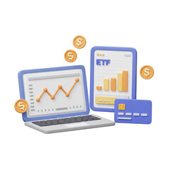 3D Illustration Analyzing Stock Market Data on Laptop with ETF and Credit Card